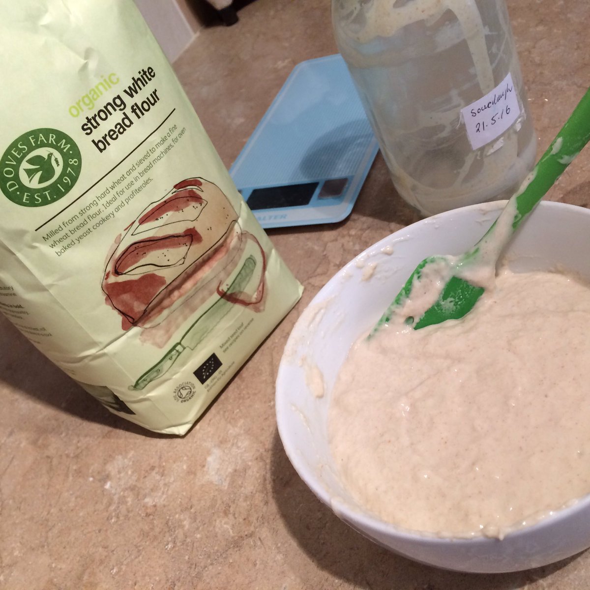 Refreshing my sourdough starter today (from <a href="/BaobabBakeryuk/">Baobab Bakery</a> <a href="/doughworks/">Dough Works</a>) with <a href="/Dovesfarm/">Paul</a> &amp; <a href="/SalterUK/">Salter UK</a>.
