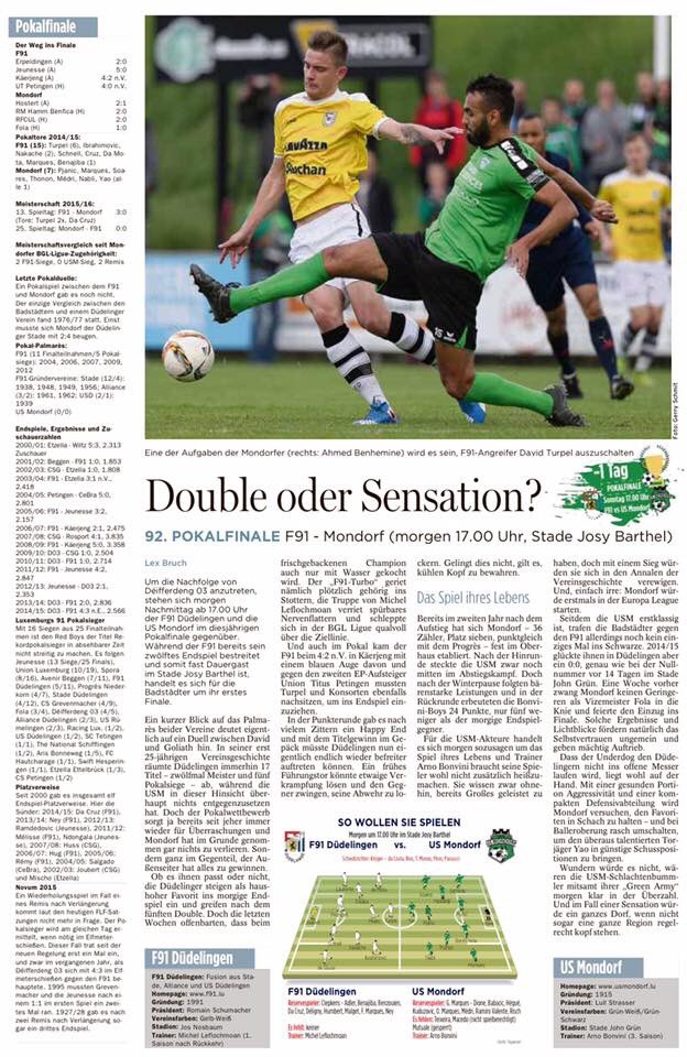 C'est le jour J! A 17h Mondorf va tenter l'exploit face à Dudelange!On vous attend nombreux au Stade Josy Barthélémy