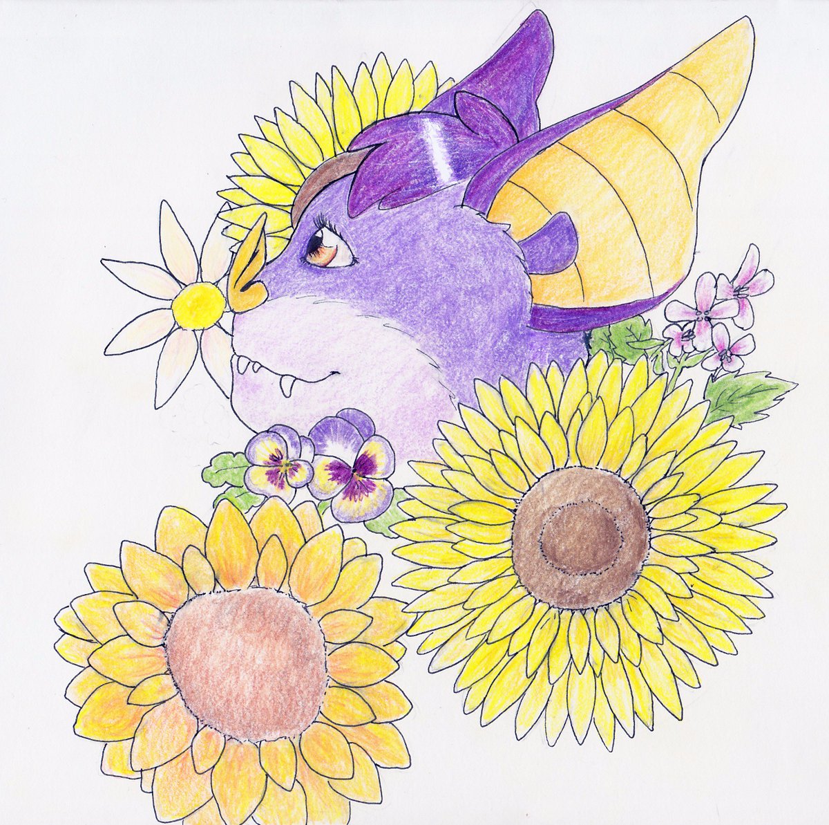 LeefNose's tweet photo. Sunflowers are my favorite. (3 hrs, colored pencil &amp; ink pen) https://t.co/IvfL67XdtT