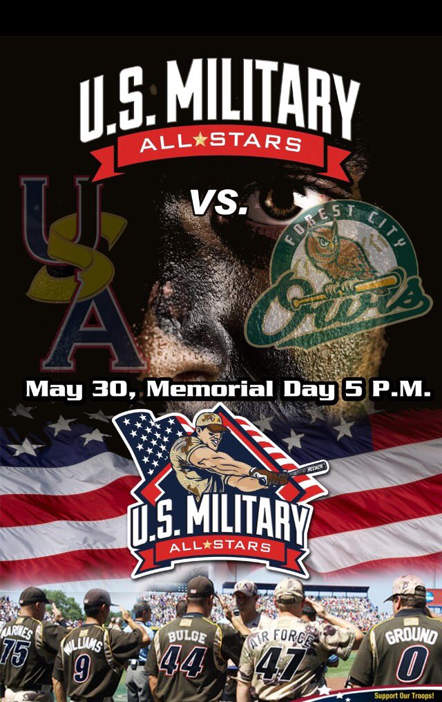 ForestCityOwls's tweet photo. We are just 1️⃣More Day Away from the ⚾️Owls Memorial Day Game⚾️ Game time is set for 5 p.m. #MilitaryFree #May30 https://t.co/92bv34fOcv