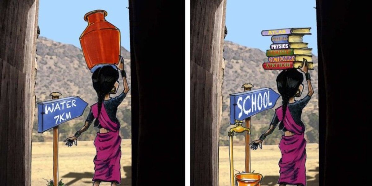 HuffPost's tweet photo. Cartoonist reimagines world where girls haul books, not water https://t.co/x2Wy5tP1nN https://t.co/3EGknTYdJF