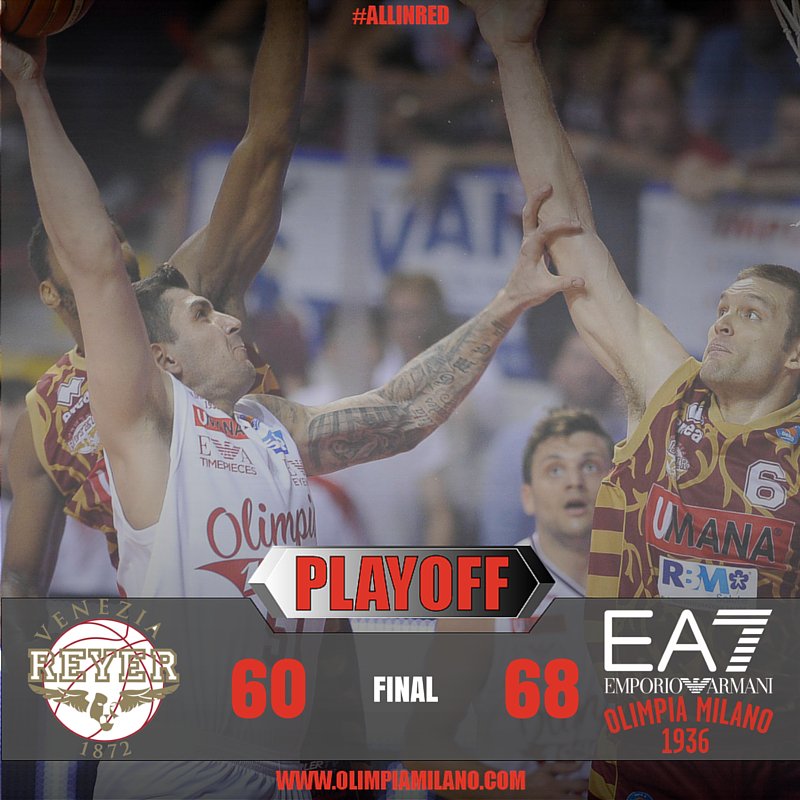 OlimpiaMI1936's tweet photo. L'Olimpia Milano vince gara 6 contro @REYER1872 ed è in Finale Scudetto #ALLINRED https://t.co/o6G5PUZNVK