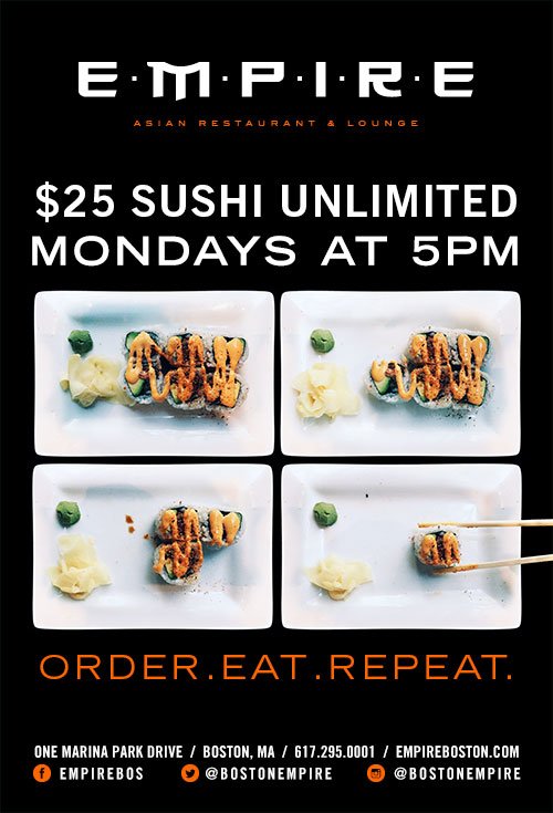 BostonEmpire's tweet photo. TOMORROW! Make sure you get your $25 #SushiUnlimited! #OrderEatRepeat https://t.co/ImzMDIheoG