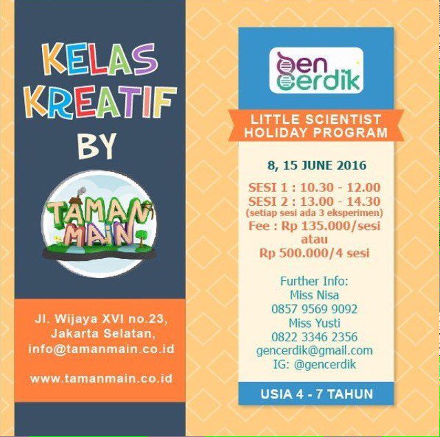 gencerdik's tweet photo. Holiday program seru di Taman Main, Jalan Wijaya. Hubungi 085795699092/ 082233462356/ gencerdik(at)gmail(dot)com ya! https://t.co/aDBLWrEVkl