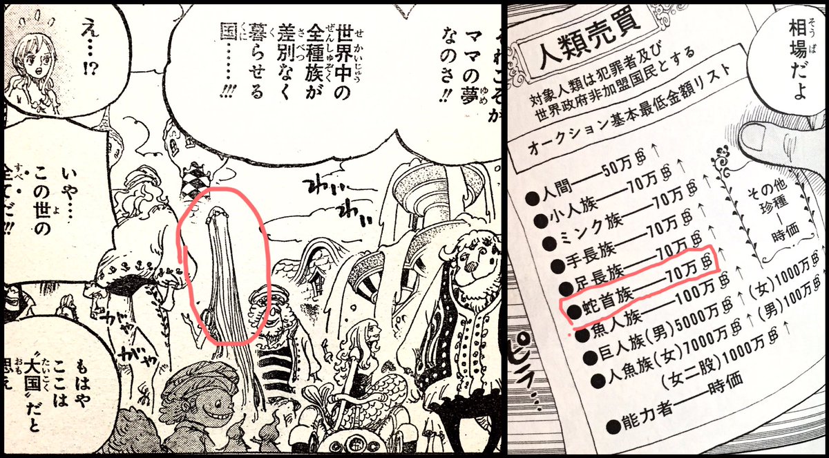 虎パンチ Wj 様々な種族の暮らす国 このコマだけでもミンク族 人魚 足長族 小人など描かれてますね シャボンディのリストより唯一まだ登場してない 蛇首族 ももしや描かれてる T Co B5jentqrpt Twitter