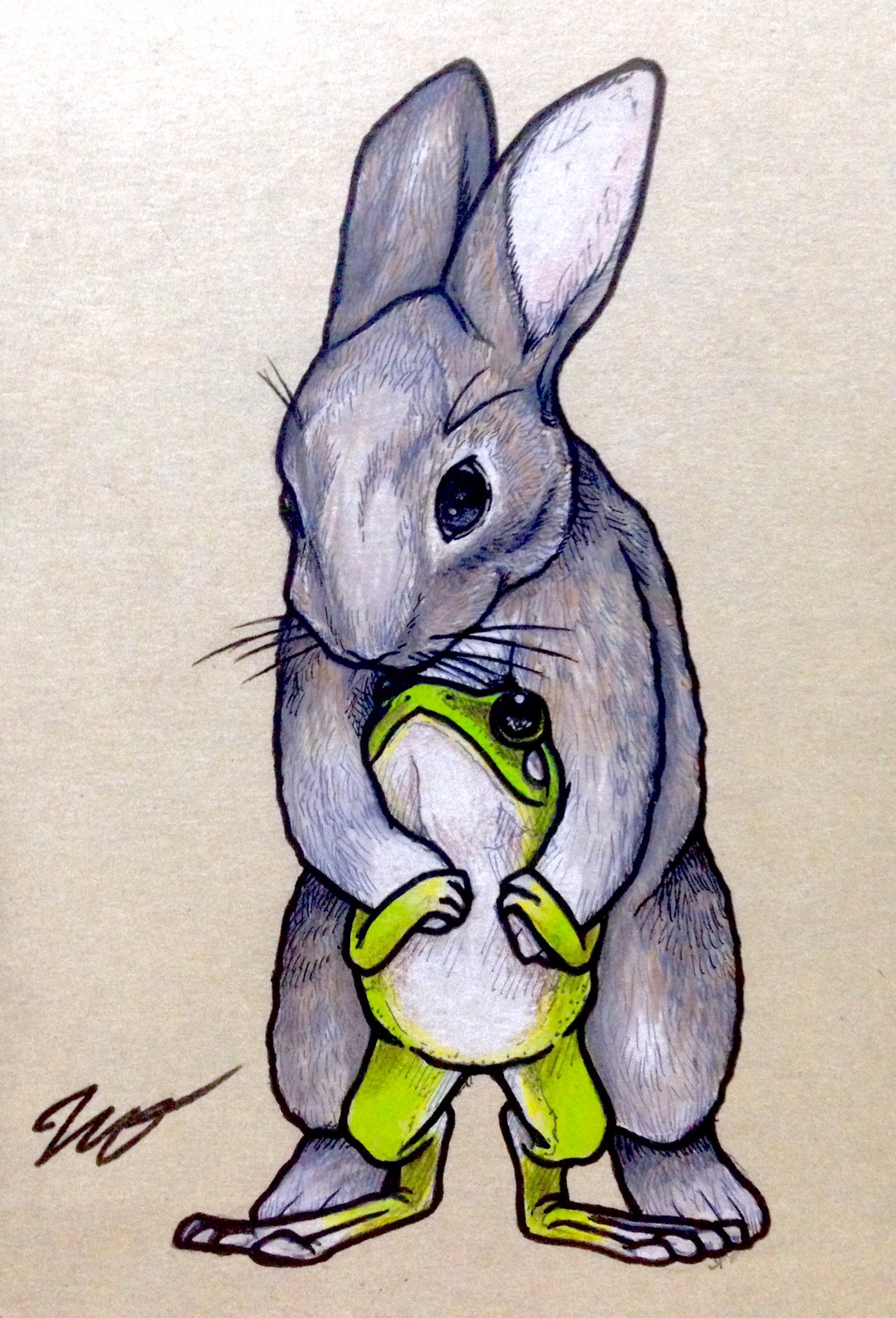 Twitter 上的 ヒキタ レオ 引田 玲雄 カエルイラスト より カエルくんとウサギちゃん シブヤぴょんぴょん に向けて描いたイラスト 仲良し2匹の戯れる様子を絵にしてみました カエル うさぎ イラスト拡散 イラスト基地 創作の狼煙 イラスト王国