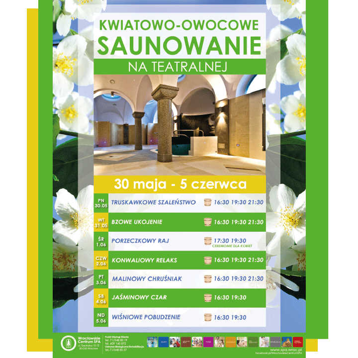 Saunomaniak's tweet photo. Od 30 maja do 5 czerwca, Kwiatowo-Owocowe #Saunowanie na Teatralnej we #Wrocławiu.
https://t.co/MAZZNNvdw4 https://t.co/SpqAd0e91d