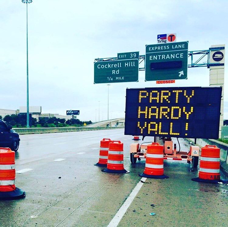michrod's tweet photo. I don't think @TxDOT really meant to send this msg to drivers off i30 today in Dallas. 🤔. Spotted today https://t.co/IKZ6EHeoyQ