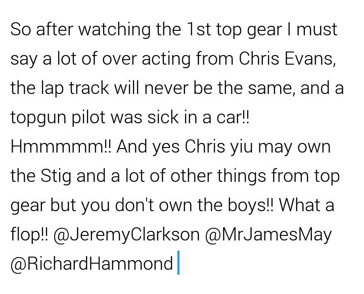 Johnjohn9895's tweet photo. My review of Top gear @JeremyClarkson @RichardHammond @MrJamesMay https://t.co/aV6ppwWJBH