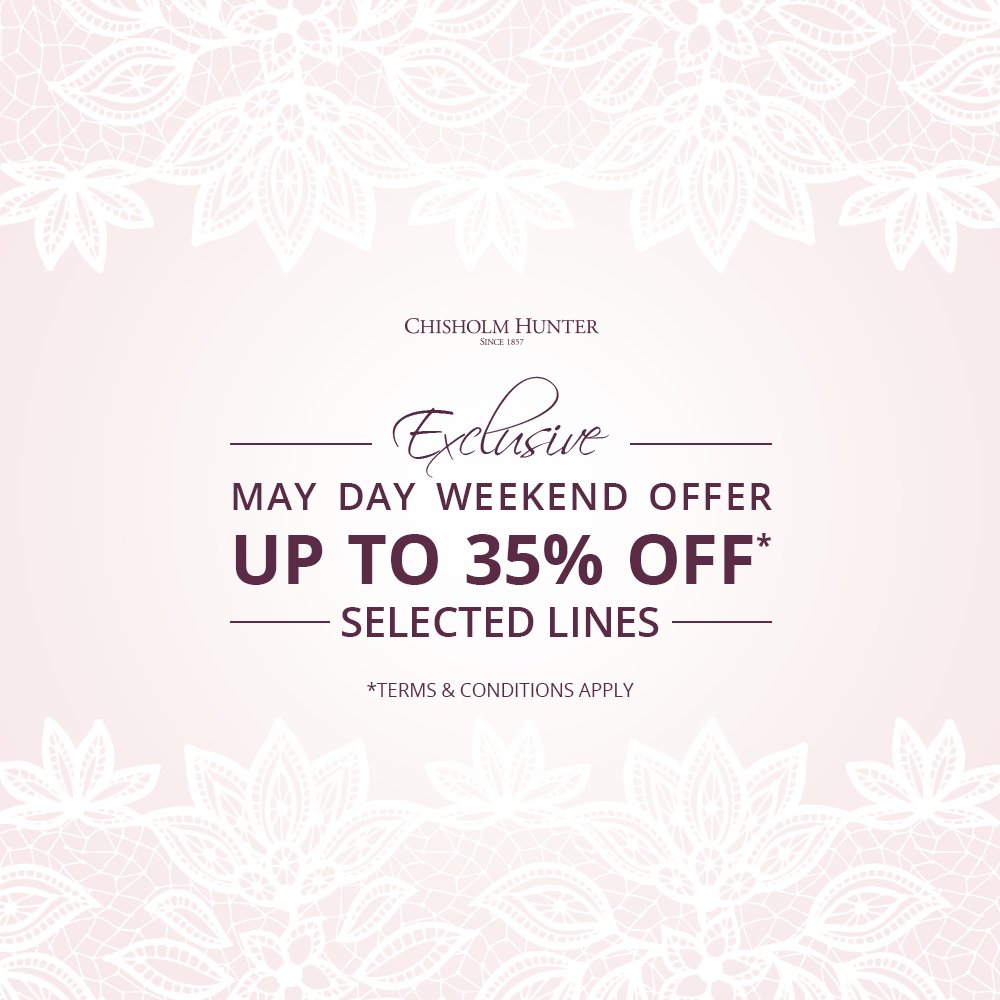 ChisholmHunter's tweet photo. #BankHolidayMonday 
Visit your nearest Chisholm Hunter store to enjoy up to 35% off selected lines,fizz &amp; treats! https://t.co/g6ZT28YLJX