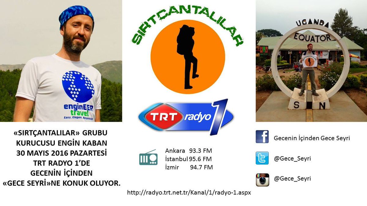 Bu akşam (Pazartesi) 23:15’de TRT Radyo1’de, gezgin dostu program <a href="/Gece_Seyri/">Gece Seyri</a>’nde #Sırtçantalılar var. <a href="/Engin_Kaban/">Engin Kaban</a>