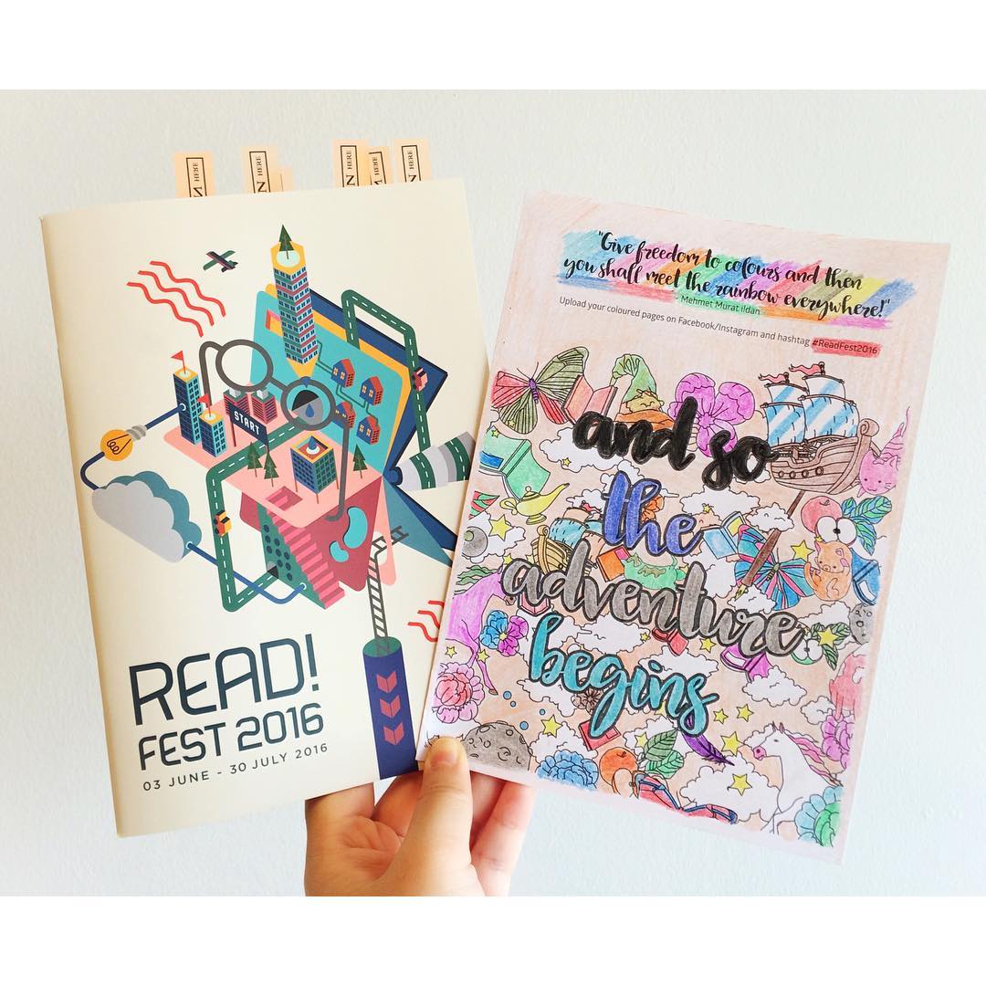 PublicLibrarySG's tweet photo. The centrefold of the #ReadFest2016 festival guide is a colouring page! Show us yours! https://t.co/1XqN2mKERe https://t.co/E97uGL9Vza