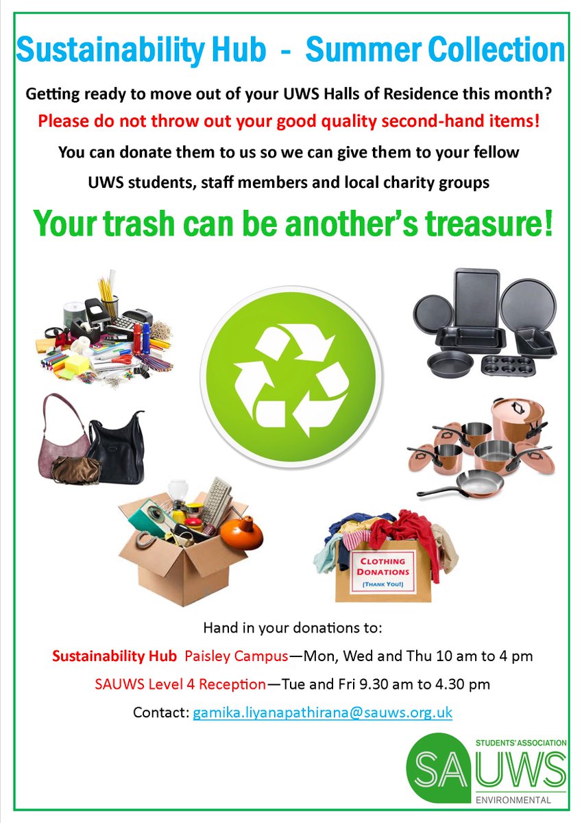 SAUWSenviro's tweet photo. Summer Collection! Donate all your unwanted items before you leave for the summer! https://t.co/p6fZlny6vF