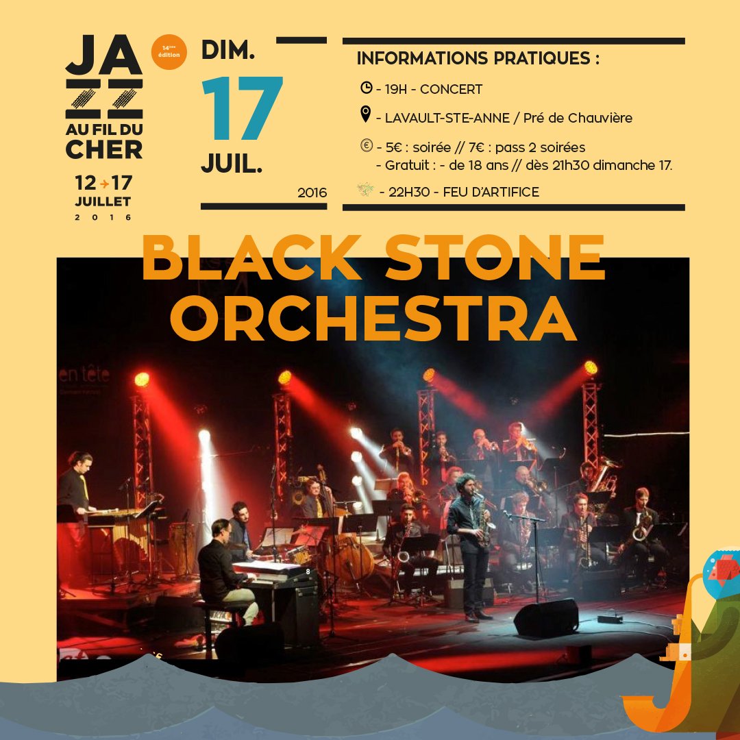 JFDC16's tweet photo. Voici la programmation complète de Jazz Au Fil Du Cher 2016 !
Avec  #BlackstoneOrchestra  ! #JFDC16 https://t.co/KKU3UETW8F