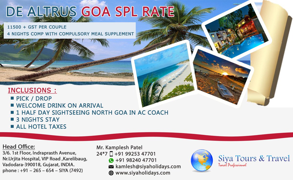 siya_holidays's tweet photo. DE ALTRUS GOA SPL RATE,WhatsApp +91 9824047701,#siyaholidays #siyatourstravels #goa #seaside #beaches #goalovers https://t.co/Zqsx2lHKfm