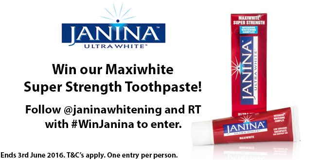 Janinawhitening's tweet photo. Win a Janina Ultra White Maxiwhite Toothpaste! Just follow &amp; RT with #WinJanina to enter. #comp #competition #win https://t.co/rvEUQ4mF0i