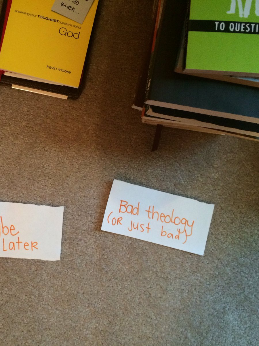 chellebugthree's tweet photo. You know you may be going to seminary if you have a "bad theology" section as you sort out books to keep/donate https://t.co/e132tQeeWi