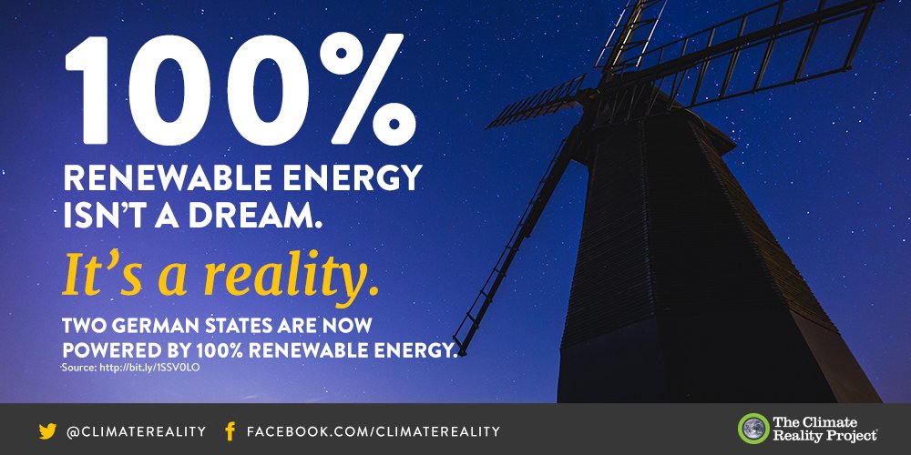 ClimateReality's tweet photo. 100% #RenewableEnergy isn’t a dream. It’s a reality. Way to go, Germany! https://t.co/6pGoCLzcWH