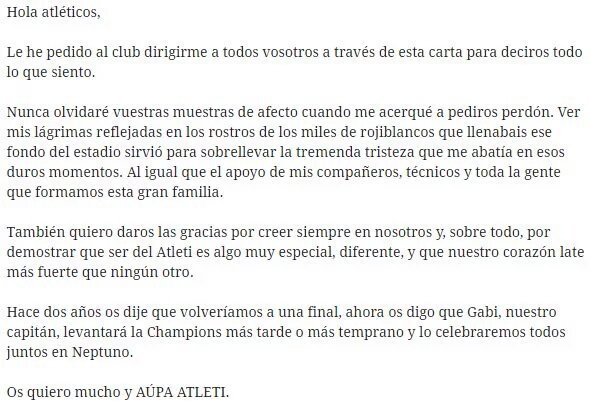 Atletico_MD's tweet photo. GRANDE @Juanfrantorres Carta abierta a los hinchas del #Atleti: "Gabi levantará la @ChampionsLeague" #Atleti #UCL https://t.co/KZMz1xRE3Q