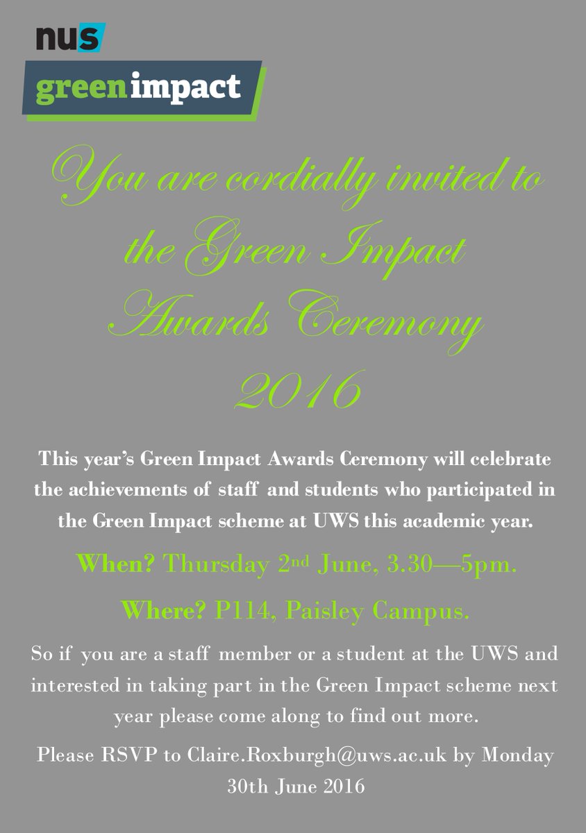 SAUWSenviro's tweet photo. Come and celebrate the Annual UWS Green Impact Awards on Thursday the 2nd of June 3.30 pm to 5.00 pm, P114 Paisley https://t.co/AKlFPTMEER