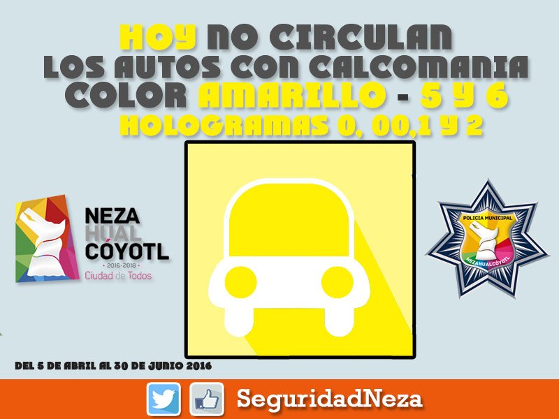 #HoyNoCirculan vehículos con engomado color amarillo terminación de placa 5 y 6, holograma 1, 2, 0 y 00.