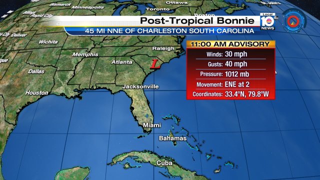 Bye Bye Bonnie, the last advisory is in. It will still bring heavy rain to the Carolinas. Watch Meteorologist Julie https://t.co/BeJjVenaVn