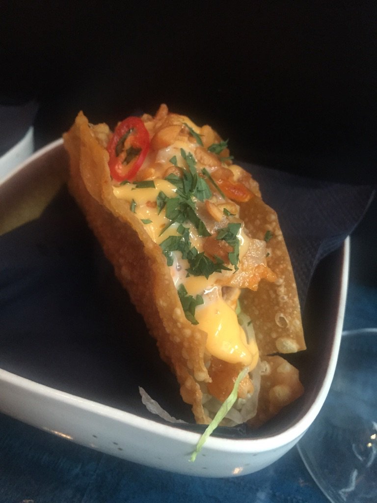 Taco with spicy Balinese chicken, Bangkok spread and kentjoer coconut mayonnaise tonight @rongastrobar Indonesia