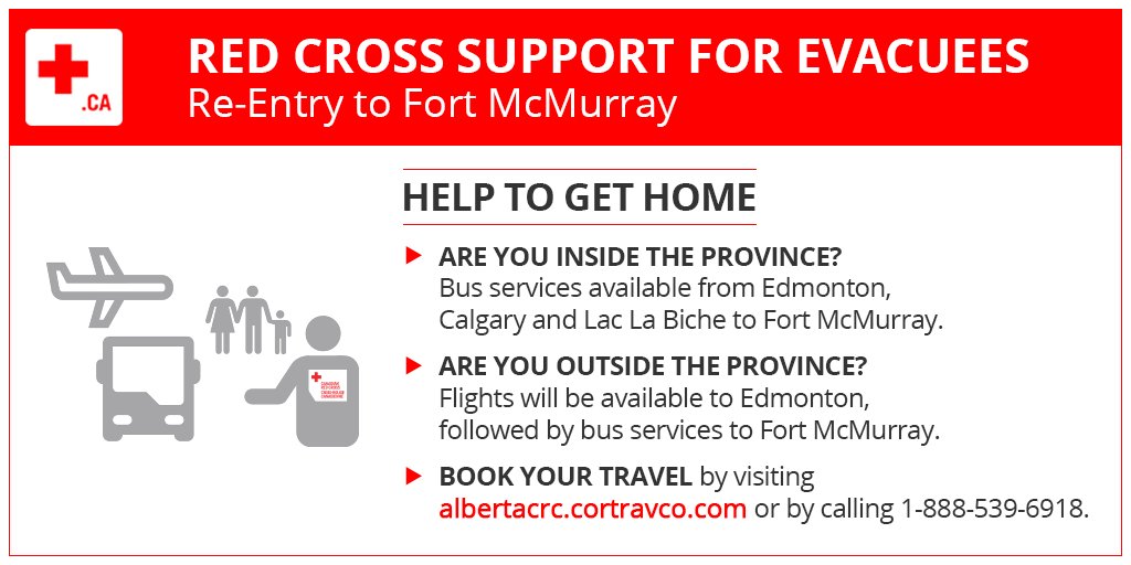 redcrosscanada's tweet photo. Information to help #ABfire evacuees get home: https://t.co/Eano69YNEI #ymmfire #RedCross https://t.co/eeoAaVpvXJ