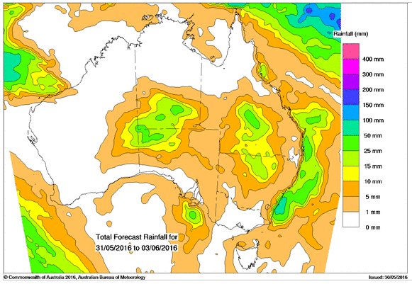 BOM_NT's tweet image. Rain totals across #CentralAustralia up to around 50 mm during the next 4 days. Clearing up on the weekend.