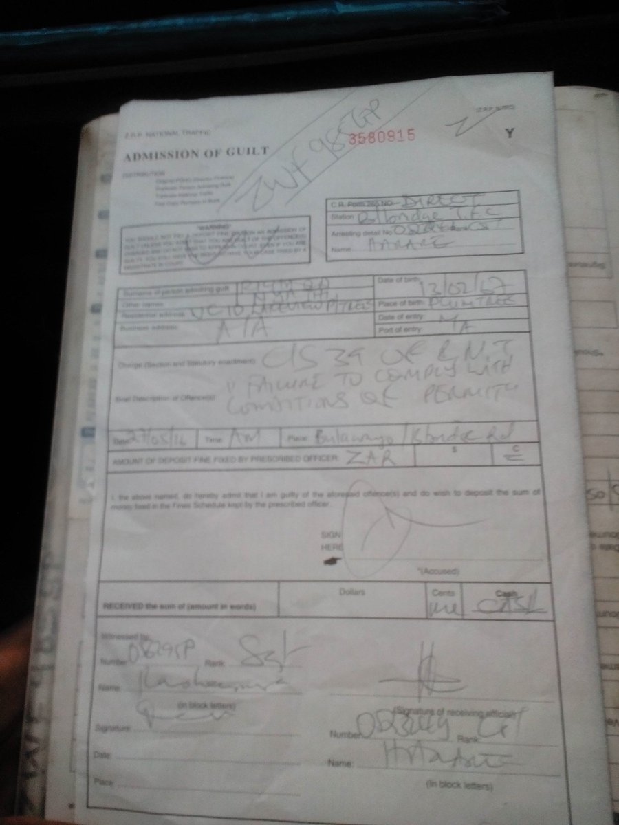 Embassy_26's tweet image. @ChronicleZim some corrupt officer in Beitbridge, gave this ticket, no amount written, why? #CorruptionScam