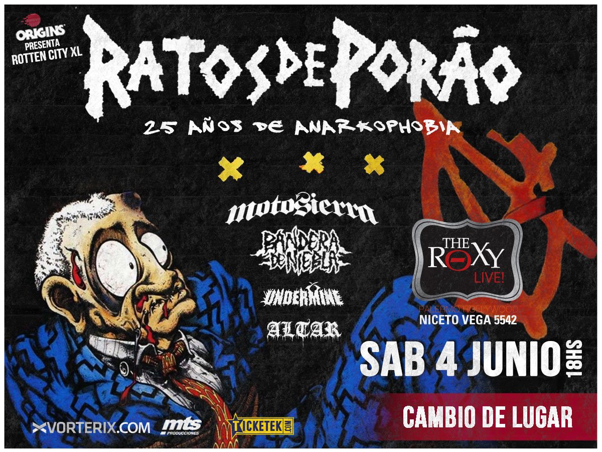 OriginsProd's tweet photo. ATENCIÓN!
La fecha de @ratosoficial el 4 de Junio en @TeatroFlores pasa a @TheRoxyArg
Mismo día, mismas bandas! https://t.co/yqXNPkbHo8