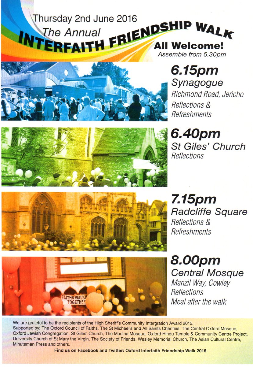 Annual #Interfaith #Friendship #Walk Thu 2 June 6:15pm #Synagogue-#StGilesChurch-#RadcliffeSquare-#CentralMosque