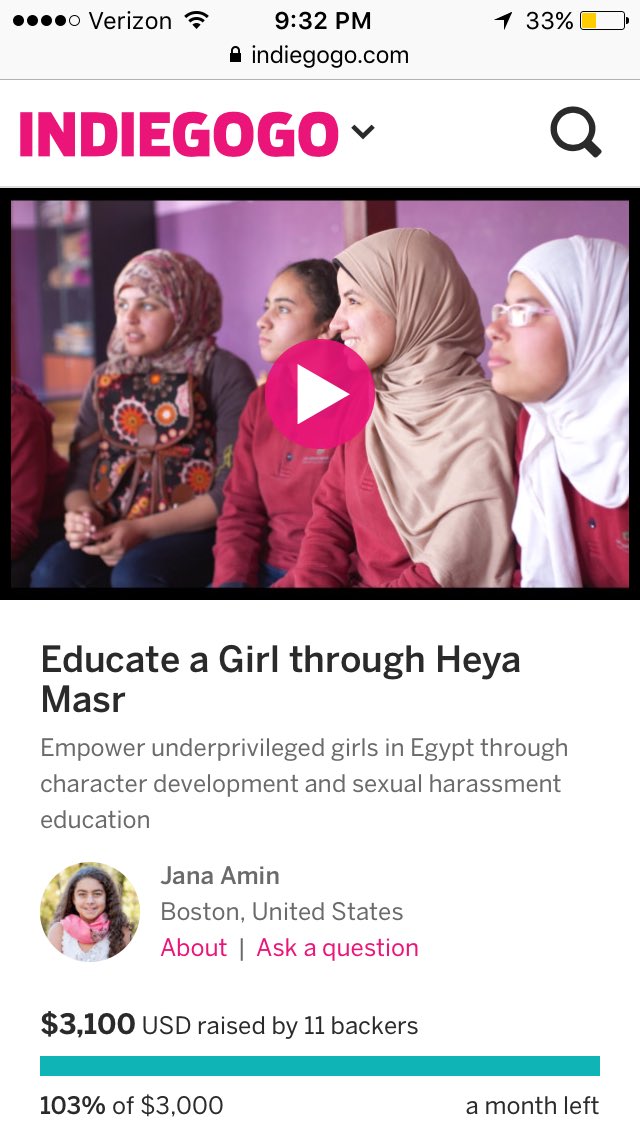 .<a href="/janamin2021/">Jana Amin</a> <a href="/HeyaMasr/">‎Heya Masr مصر‎ هي</a> fundraiser hit 103% in 24 hrs! Big thank u to all supporters. Lets keep going #GifttoEducate