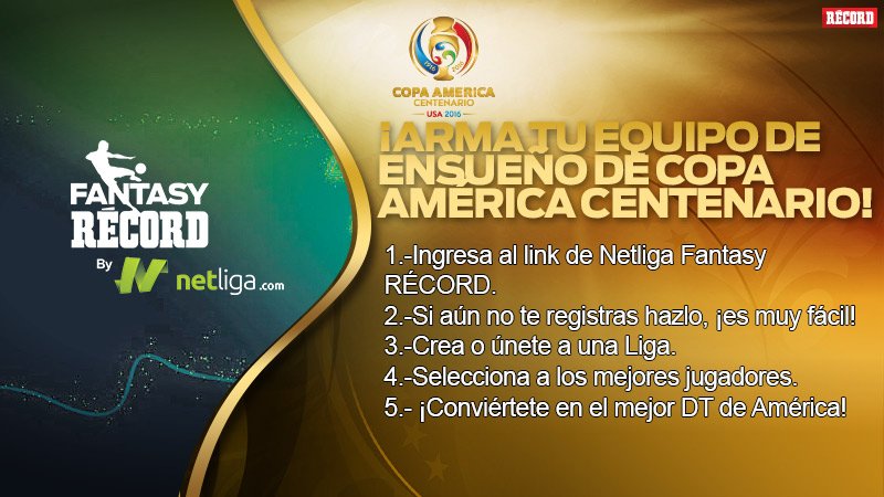 Crea un equipo soñado con Netliga 

¡Lo mejor de Copa América! record.com.mx/fantasy-record