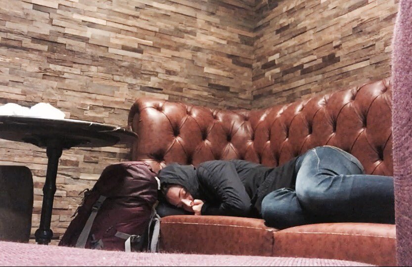 jamiesinclair21's tweet photo. Looks like this is my bed for the night! Stuck at the London airport so sleeping in the cafe. #standbyproblems @LHR https://t.co/mc3F5rgKXA