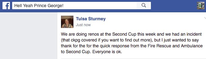 ShaunaHarper's tweet photo. Just heard from the owner of Second Cup #cityofpg &amp; looks like incident is under control. #HellYeahPG https://t.co/gdDMRa4JSM