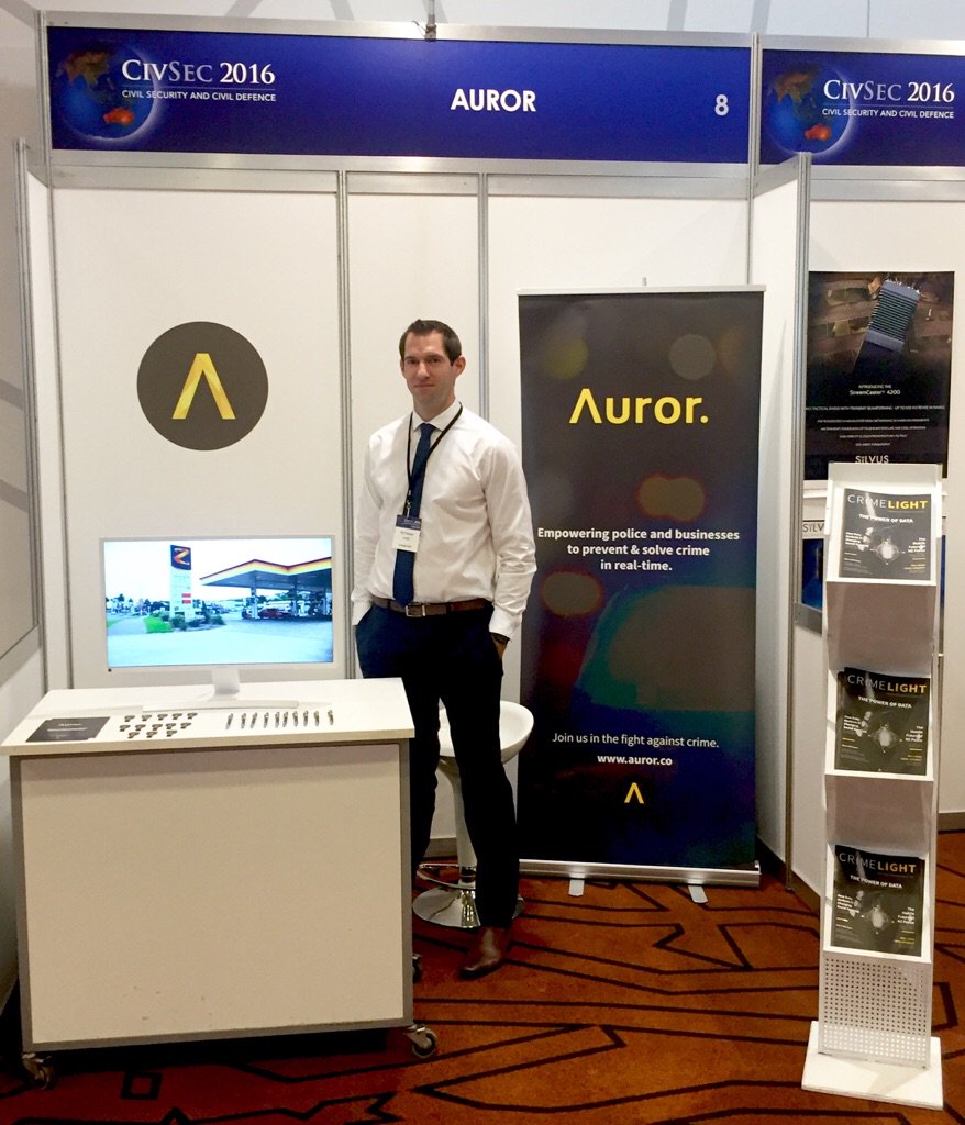 AurorHQ's tweet photo. The @AurorHQ team is ready to roll at #CivSec2016! Stop by booth 8 and let's talk crime. https://t.co/ZMxvj3w7sm