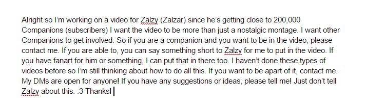FanOfMarkimoo's tweet photo. I'm working on a special video for Zalzy! 
Contact me if you want to be apart of it!
Please RT, I want to reach out! https://t.co/hoLdzH5us6