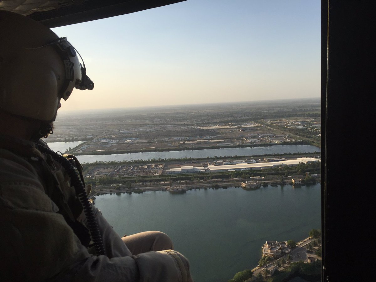 ArmyCoachWender's tweet photo. Tigris and Euphrates river valley. "Fertile Crescent". En route to embassy over Baghdad with @LTGRobertCaslen https://t.co/SQnEn7gXVU