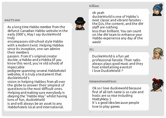 _dWDarien's tweet photo. Just a few testimonials from our fans about why they love duckieWorld. @duckieWorld @Habbo #Habbo #Official #Fansite https://t.co/kHk07Cyhr5
