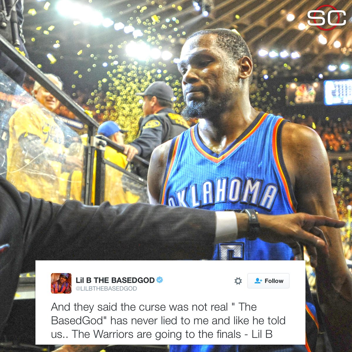 SportsCenter's tweet photo. .@LILBTHEBASEDGOD commented on Thunder's loss to Warriors in Game 7. https://t.co/WlZncr6Wvy