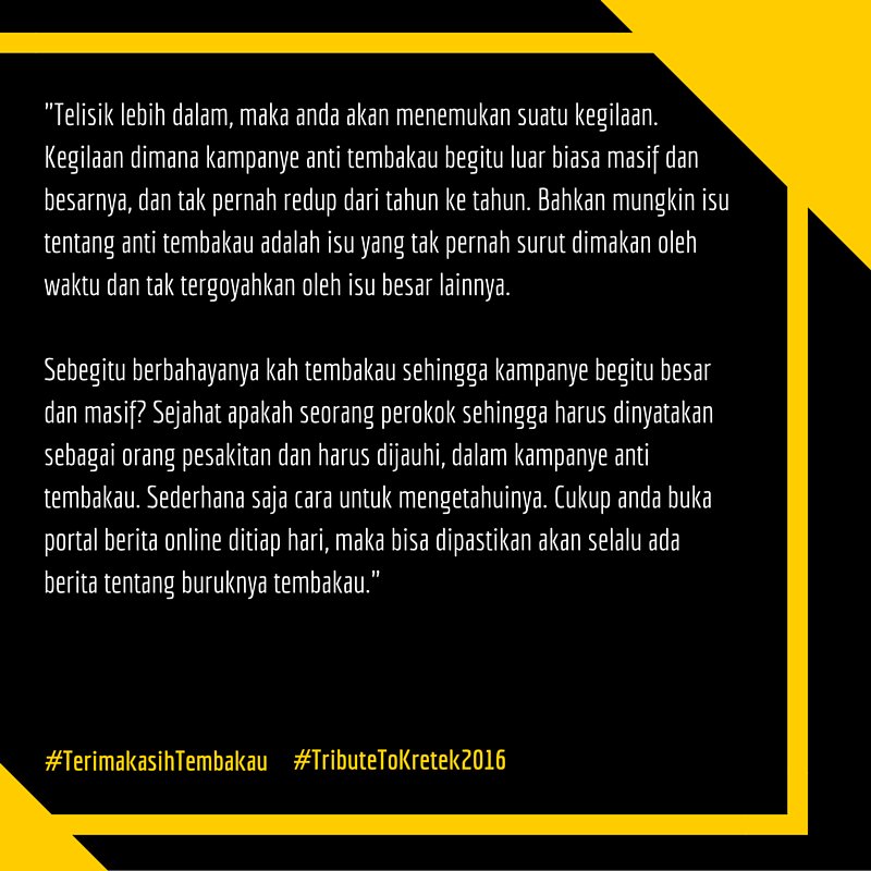 KomunitasKretek's tweet photo. Kenapa Kita Menolak Kampanye Hari Tanpa Tembakau Sedunia? #TributeToKretek2016 #TerimakasihTembakau https://t.co/ueLAjVacCC