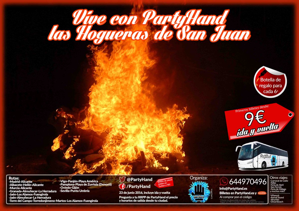 PartyHand's tweet image. 🔥 Nos vamos a las Hogueras de San Juan❗ 🔥
Billetes a precio promocional! 🚌🚌 +info 644970496 📱
#hogueras2016 🔥🎉🎆 RT!!