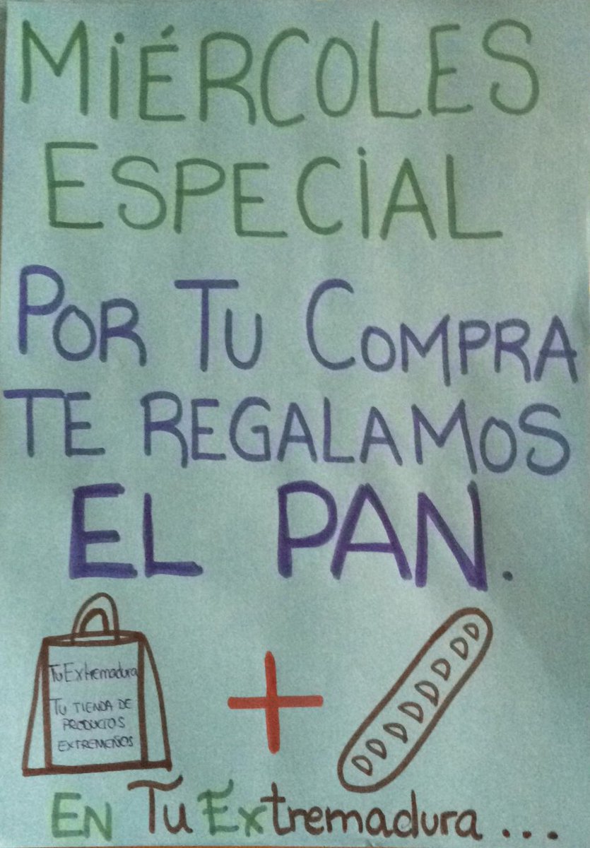 En TuExtremadura cada Miércoles será especial...
Empezamos mañana día 1 de Junio.
Por su compra le regalamos el pan!