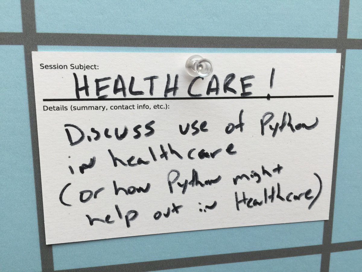 corbinbs's tweet image. #healthcare #pyconopenspace on the board for today 5-6pm in B113 come chat about healthcare and Python #pycon2016