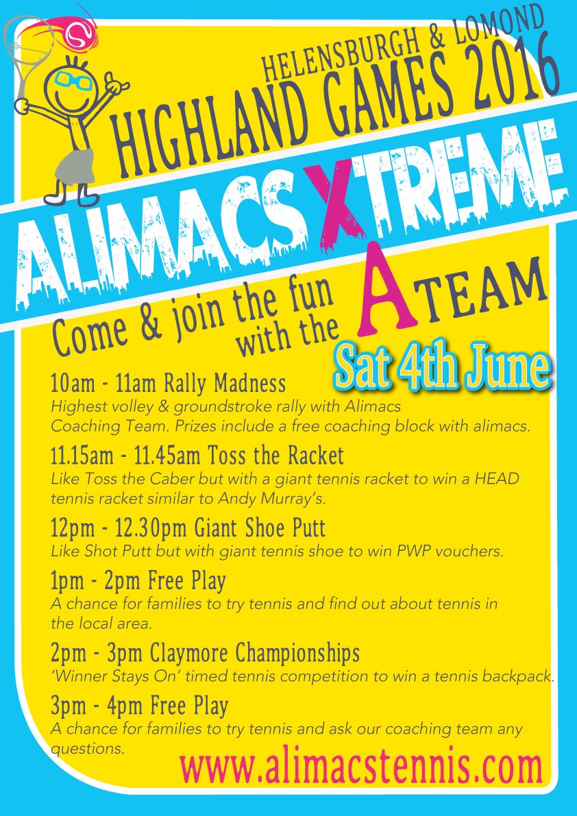 alimacstennis's tweet photo. #theAteam bring you an action packed day of free tennis @highlandgames this weekend from 10am - 4pm #tennis4all https://t.co/BOQyqpBppQ