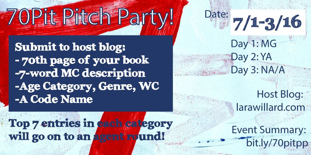 writevent's tweet photo. BIG EVENT TODAY!
Name: #70Pit Blog Pitchfest
When: 7/1-3
Info: https://t.co/6zEbLnge6Q
#amquerying #writetip #YA https://t.co/wxaONvPHJn