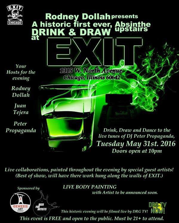 PeterPropaganda's tweet photo. Tonight #TuesdayAndAbsinthe #DrinkAndDraw at #ExitChicago https://t.co/cFU7ONzgym #Chicago #art https://t.co/pFfleyc8JX