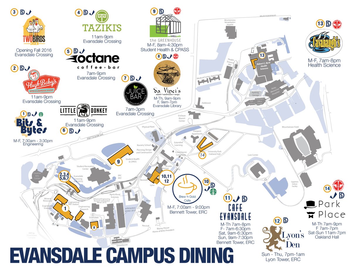 Wvu Dining Hey Wvunso Here S The Official Map With Dining Locations On Evansdale Campus Study Up For The Fall Wvu