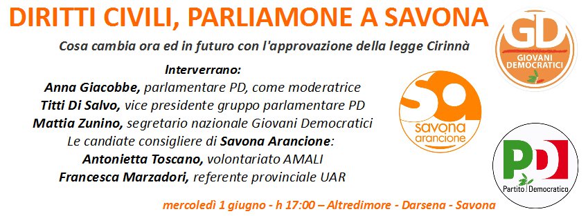 titti_disalvo's tweet photo. Domani sarò a questa iniziativa su #diritticivili e legge #Cirinnà con @PD_Savona @GDSavona e Savona Arancione https://t.co/3XP2vYz0hw